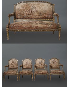 450-Importante sillería Luis XVI con tapicería Aubusson formado por sofá y 4 butacas. Excelente estado. Francia. s. XVIII.