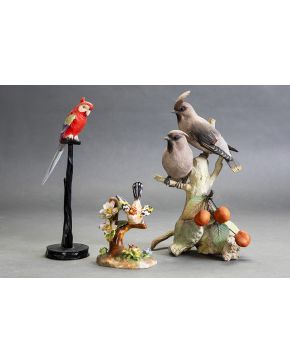 350-Decorativo lote formado por diversas aves en porcelana. biscuit y posiblemente hueso policromado.