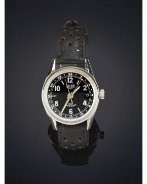 913-TAG HUER GMT CARRERA REF WS2113 AÑO 1964. Reloj de pulsera para caballero con caja de 36 mm en acero y pulsera en piel marrón. Movimineto automático c
