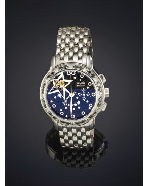 919-ZENITH MODELO STAR OPEN GLAM ROCK. Reloj de pulsera para señora con caja decorada con brillantes blancos y negros y brazalete en acero. Movimiento aut