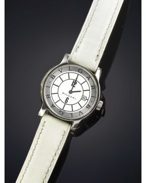 924-BVLGARI MODELO SOLOTEMPO REF ST29S. Reloj de pulsera para señora con caja de 29 mm de acero y correa de piel blanca. Movimiento de cuarzo.  Esfera bla