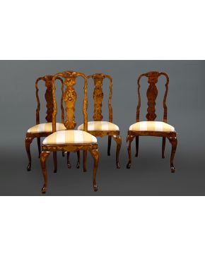 626-Cuatro sillas estilo Reina Ana: dos con madera de raíz y dos con bella marquetería de flores tipo holandés. Tapicería en rayas amarillas.