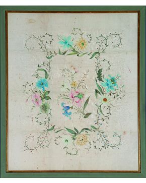 1231-Decorativa seda bordada antigua. Enmarcada.