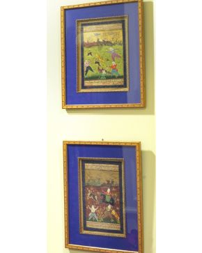 754-Lote de dos parejas de miniaturas hindúes enmarcadas.