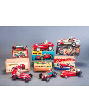 1178-Lote de seis coches de carreras de juguete japoneses en sus cajas originales. 1950-1960. Atomic Drive Jet Racer de Sonsco. Monogram Special 9. Ch