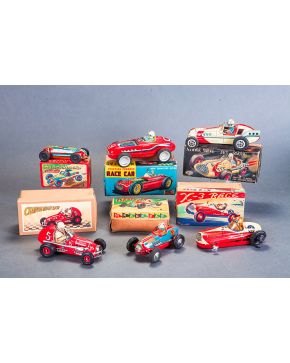 1178-Lote de seis coches de carreras de juguete japoneses en sus cajas originales. 1950-1960. Atomic Drive Jet Racer de Sonsco. Monogram Special 9. Ch