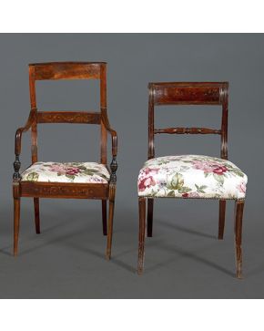 912-Lote formado por silla y butaca y silla inglesa en madera de caoba. S. XIX.