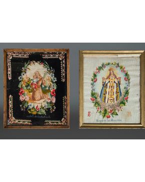 976-Lote de dos imágenes devocionales en petit point enmarcados. S. XIX. Representación de la Virgen de las Mercedes y San Antonio de Padua. 