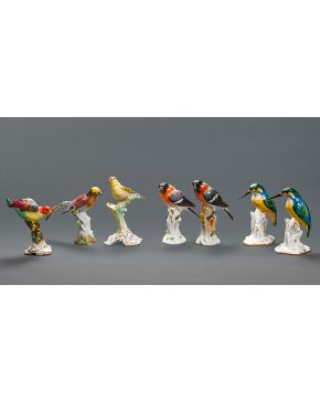 1053-Lote formado 7 aves en porcelana centroeuropea. hay dos parejas. Leves faltas. Alguna marcas.