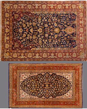 365-Exquisito lote de dos alfombras persas en lana y seda con hilos de plata. Sobre campos azul oscuro y beige. Firmada. 