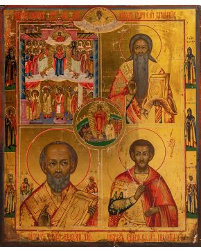 797-Gran icono ruso cuatripartito. s. XIX. Representa La fiesta de Pokrov. San Haranplión. San Nicolás y San Ginés. Temple y pan de oro sobre tabla.