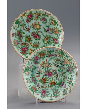 381-Pareja de platos en porcelana china Familia Rosa. trabajo cantonés. s. XIX.