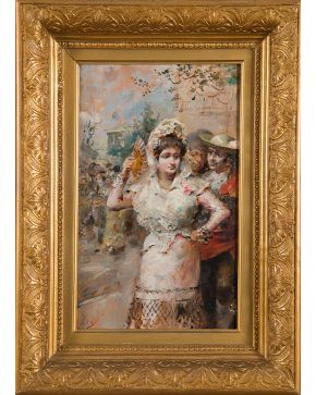 578-JOSÉ DENIS BELGRANO (Málaga. 1844-1917) 					 	Dama con abanico y dos caballeros
