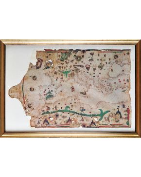 2435-Lote formado por una pareja de reproducciones de antiguos mapas enmarcados, uno de ellos del Mediterráneo, en el que se incluyen las costas del norte de África y otro con Europa, África y Asia. Medidas mayor: 60 x 73 cm.