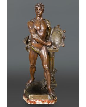 2016-A. J. SCOTTE (1885 - 1905) Renaissance Sportive" Escultura en metal pavonado en varios colores con base en mármol rojo veteado. Con placa dedicatoria a Heliodoro Ruiz Arias. Altura: 7