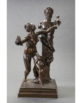 2029-ESCUELA FRANCESA PP. S. XX Danzante con busto de fauno" Escultura en bronce patinado. Firmada "A. LEGOUX" Medidas: 52x26x28 cm."