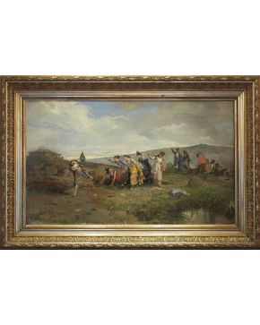 980-ÁNGEL LIZCANO (1846-1929) La disputa en el merendero  Óleo sobre lienzo. Firmado y fechado en el año 1879. Medidas: 56x94,5 cm. 