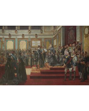 1021-FRANCISCO JOVER CASANOVA (1836-1890) La jura de la Reina María Cristina ante las Cortes  Óleo sobre lienzo. Boceto.  Medidas: 141x221 cm.  