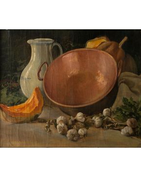982-ESCUELA ESPAÑOLA S. XX Bodegón con caldero  Óleo/lienzo. Medidas: 60x80 cm. 