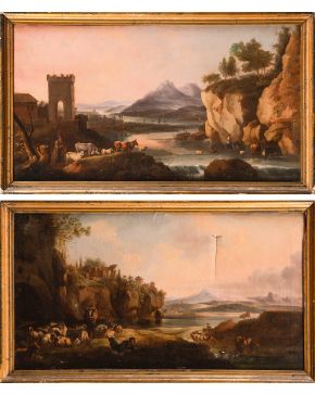 782-ESCUELA CENTROEUROPEA, FINALES S. XVIII-PPIOS XIX Pareja de paisajes  Óleo sobre lienzo. Medidas: 38 x 70 cm.  