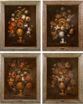 915-ESCUELA ITALIANA ff. S.XVII Lote de dos parejas de Jarrones de flores   Óleo sobre lienzo. Medidas: 97 x 53 cm. 