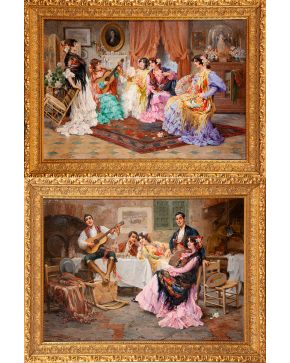 979-DOMINGO FERNÁNDEZ GONZÁLEZ (Sevilla, 1862-1918) Pareja de pinturas En la taberna  y  Jóvenes en la mansión  Óleo sobre lienzo. Medidas: 120 x 83 cm.  Atribución del Dr. D. Enrique Vald