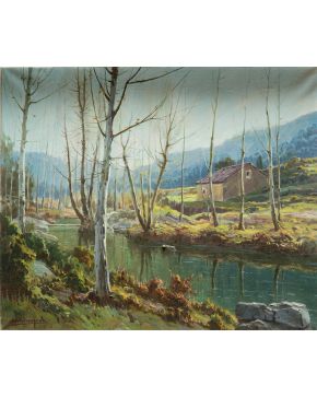 2127-ESCUELA ESPAÑOLA S.XIX Paisaje con río Oleo sobre lienzo. Firmado ángulo inferior izquierdo. Medidas: 32 x 23 cm"