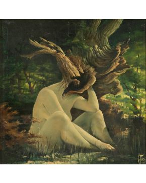 2010-ESCUELA DANESA? S. XX Escena surrealista Óleo sobre táblex. Firmado en el ángulo inferior derecho "V. Thor" Medidas: 68 x 67,5 cm."