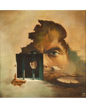 2011-ESCUELA DANESA? S. XX Composición surrealista Óleo sobre táblex. Firmado en el ángulo inferior derecho "V. Thor" Medidas: 58 x 58 cm."