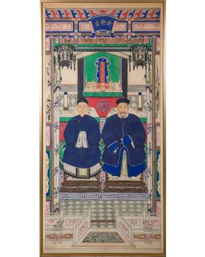 445-Pintura tapiz de ancestros, China, c. 1850. Dinastía Qing. "Gouache" sobre papel de arroz con bastidor de madera. Con representación de pareja de"
