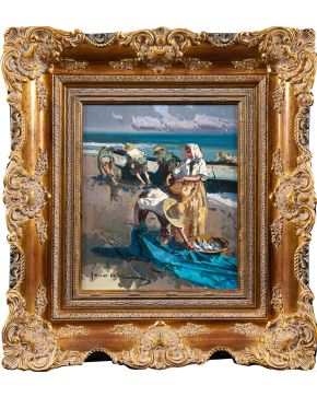 406-EUSTAQUIO SEGRELLES (1936)  Mujeres en la playa Óleo sobre lienzo. Medidas: 55 x 46 cm."