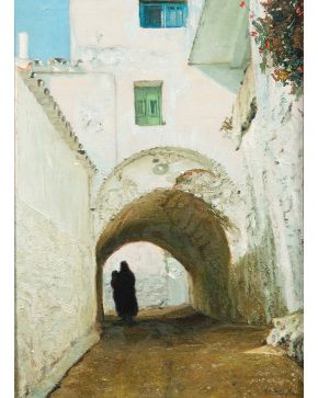 401-ISABEL GUERRA (Madrid, 1947)					 “En la sombra del callejón” Óleo sobre lienzo. Firmado ángulo inferior derecho. Medidas: 65 x 44 cm.	 