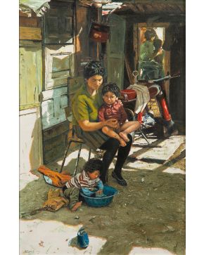 418-ISABEL GUERRA (Madrid, 1947)				 “Juegos en la calle Óleo sobre lienzo.  Medidas: 100 x 62 cm. 