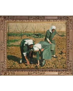 412-ISABEL GUERRA (Madrid, 1947)			 “Mañana de cosecha en el convento” Óleo sobre lienzo.  Medidas: 75 x 90 cm. 