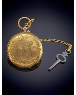 835-CYLINDRE HUIT Reloj de bolsillo saboneta de dama, s. XIX. Caja de oro amarillo de 18K con trabajo guilloche de fê
