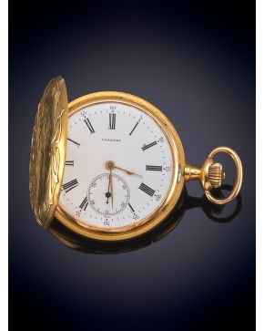 839-LONGINES Reloj saboneta de bolsillo, pp. s. XX, caja grabada con un paisaje estilo Art Nouveau en oro amarillo d