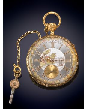 840-Reloj de bolsillo saboneta de manufactura francesa, s. XIX, en oro amarillo de 18K. Mecanismo cuerda-llave, esfera p