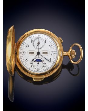 842-Reloj de bolsillo saboneta de complicación inglés, con sonería a minutos, cronógrafo, calendario completo con fases 