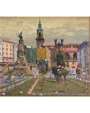 2003-MANUEL DE GRACIA (Mora, Toledo 1937-2017)Plaza de la Virgen Blanca, Vitoria Óleo sobre lienzo Firmado  También al dors