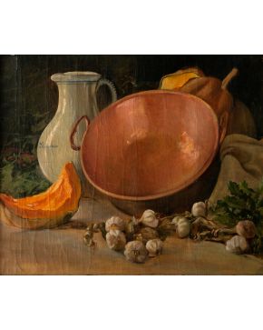 359-ESCUELA ESPAÑOLA S. XX Bodegón con caldero Óleo sobre lienzo. Medidas: 60x80 cm.