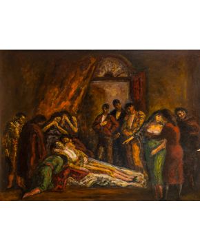328-ARTURO SOUTO FEIJOO (Pontevedra,1902 - Ciudad de México, 1964)  Torero herido Óleo sobre lienzo. Medidas: 75 x100 cm.