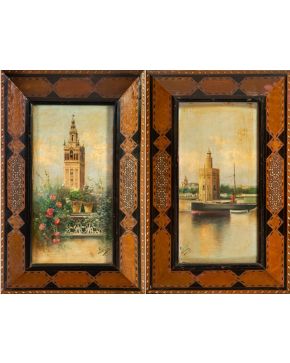 358-FRANCISCO CANDELA S.XIX “Vista de la Giralda” y “Vista de la torre del Oro” Óleo sobre tabla. Medidas: 21,4 x 40,7 cm.