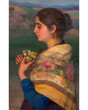357-EUGENIO HERMOSO (Badajoz 1883 - Madrid 1963) Joven con flores c.1940 Óleo sobre lienzo Firmado en el ángulo inferior izquierdo
