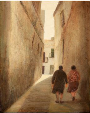 307-ANTONIO BORREGO (1943-2005) Paseo Óleo sobre tabla. Medidas: 27 x 20 cm.