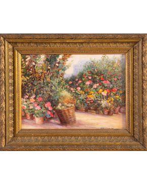 308-ANTONIO BORREGO (1943-2005) Patio andaluz, 1996 Óleo sobre lienzo. Medidas: 27 x 35 cm.