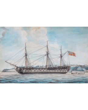 777-THOMAS BUTTERSWORTH (Reino Unido, 1768-1842) “Fragata en el puerto de Lisboa”  Acuarela sobre papel. Medidas:  48 x 60 cm. 
