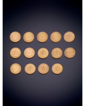 1041-LOTE DE 14 MONEDAS, DOS PESOS MEXICANOS, en oro amarillo de 18K.