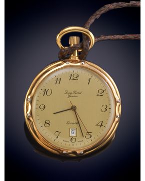 1089-JEAN PERRET" GENEVE. RELOJ DE BOLSILLO LEPINE. CAJA EN ORO AMARILLO DE 18K. MOVIMIENTO SUIZO DE CUARZO. Esfera dorada co