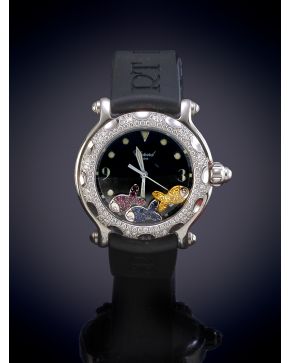 1113-CHOPARD HAPPY SPORT" RELOJ DE PULSERA PARA SEÑORA. CAJA CON BISEL DE BRILLANTES EN ACERO Nº 8347. MOVIMIENTO SUIZO DE CU