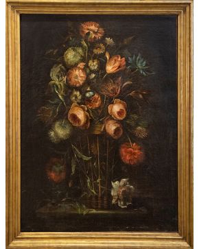 2041-ESCUELA ESPAÑOLA S. XX “Pareja de bodegones de flores” Óleo sobre lienzo. Medidas: 100 x 70 cm.